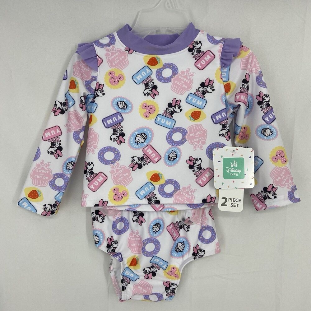 Disney Baby Minnie Mouse Swimsuit 2 Piece Set 18M Rash Guard Cupcakes Donuts